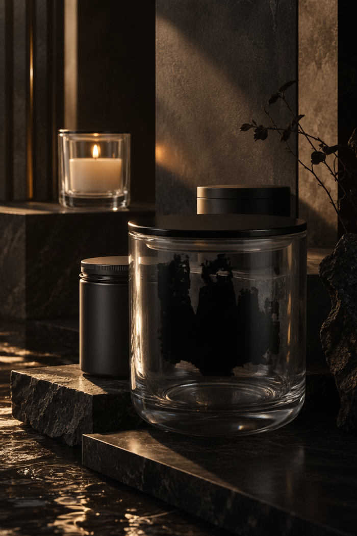 Envase de vidrio negro mate con tapa metálica sobre fondo oscuro