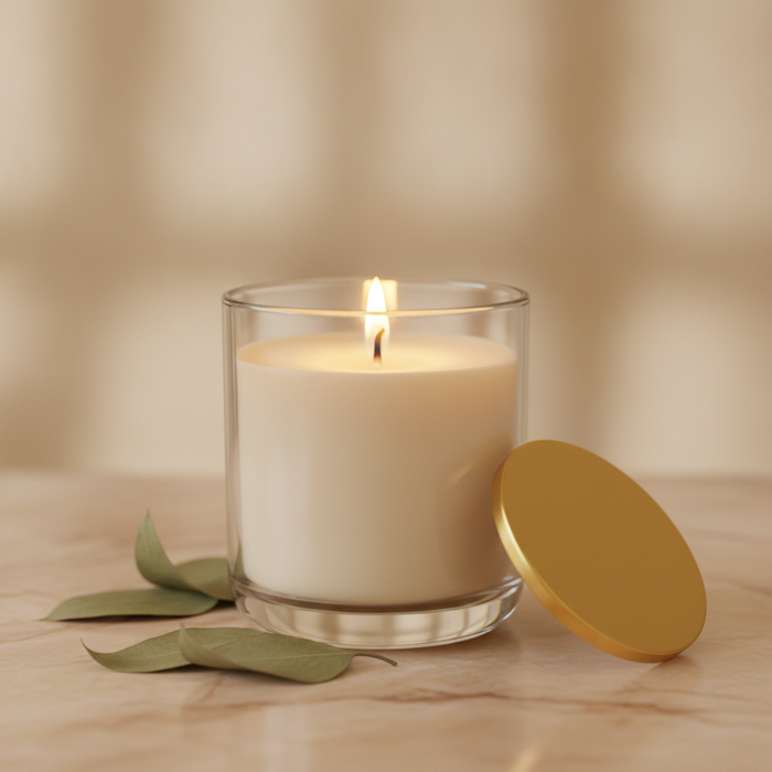 Envase de vidrio esbelto con detalle dorado y vela aromática