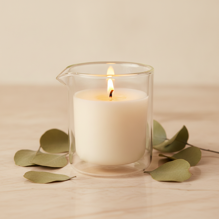 Envase de vidrio con vela y gotero en ambiente de spa