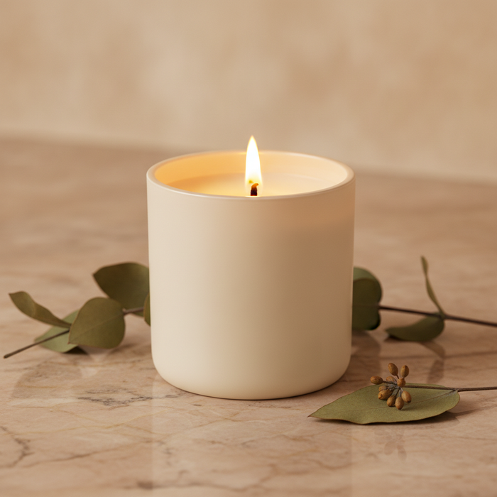 Envase de vidrio esmerilado con vela encendida sobre mesa de lino