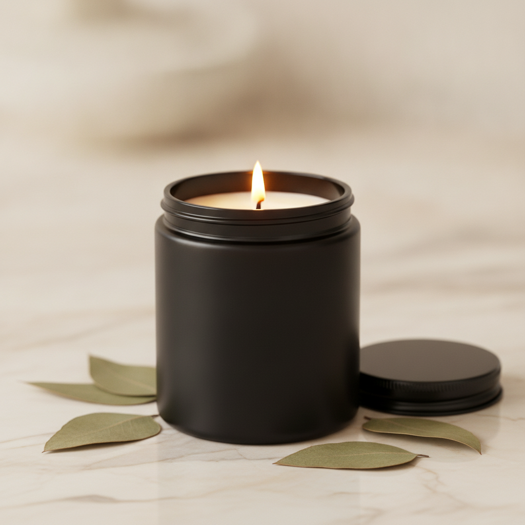 Envase de vidrio negro mate con vela sobre superficie oscura
