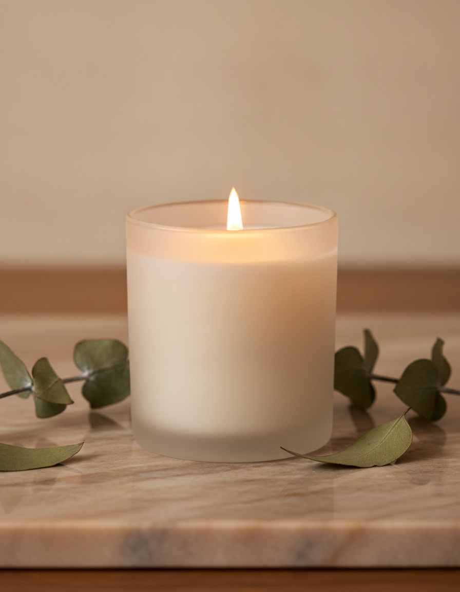 Envase de vidrio blanco con vela de cera cremosa