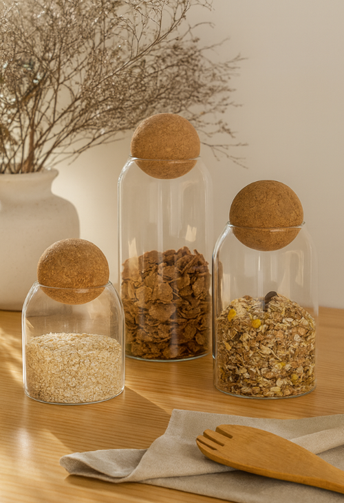 Kit de 3 Envases de Vidrio Borosilicato con Tapa de Bola de Corcho - 500 ml, 800 ml y 1200 ml
